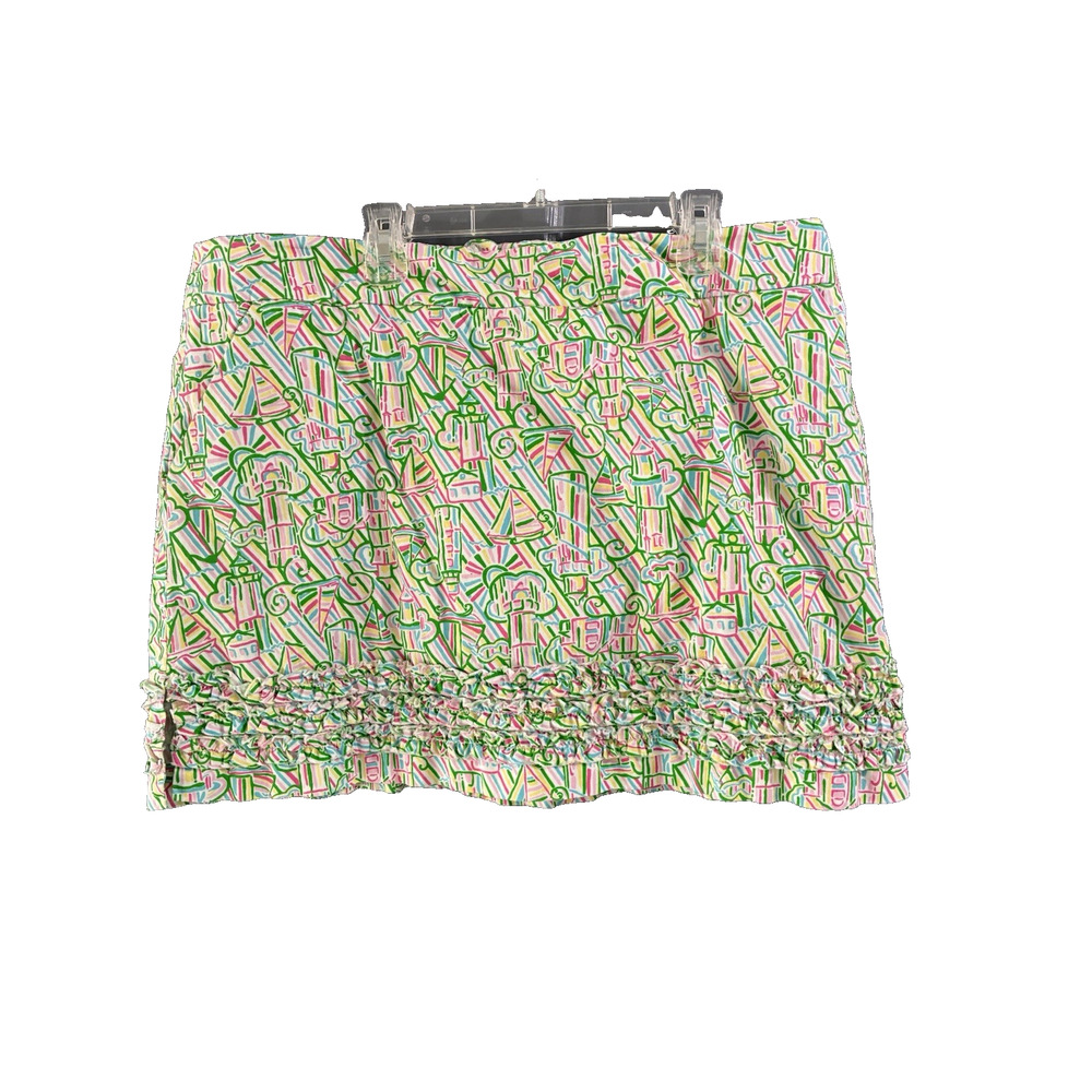 Lilly Pulitzer Green Pink sailboat lighthouse Skirt Size 14 Ruffled trim